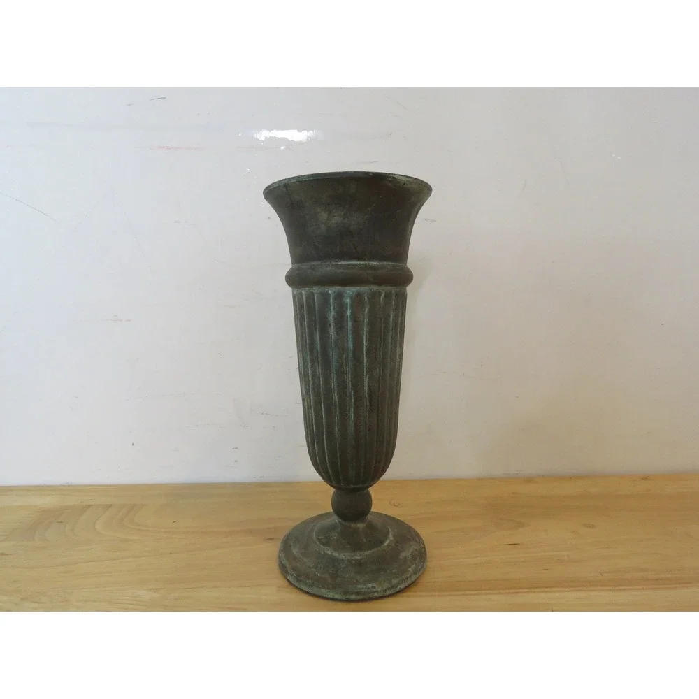 VTG Set of 2 Andrea by Sadek Metal Tulip Pedestal Vases with Verdigris Patina